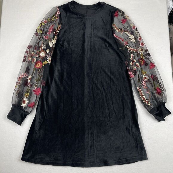 Tunic Dress Embroidered Floral Mesh Bishop Sleeves Mini  Romantic Cute Goth-L - Picture 4 of 12